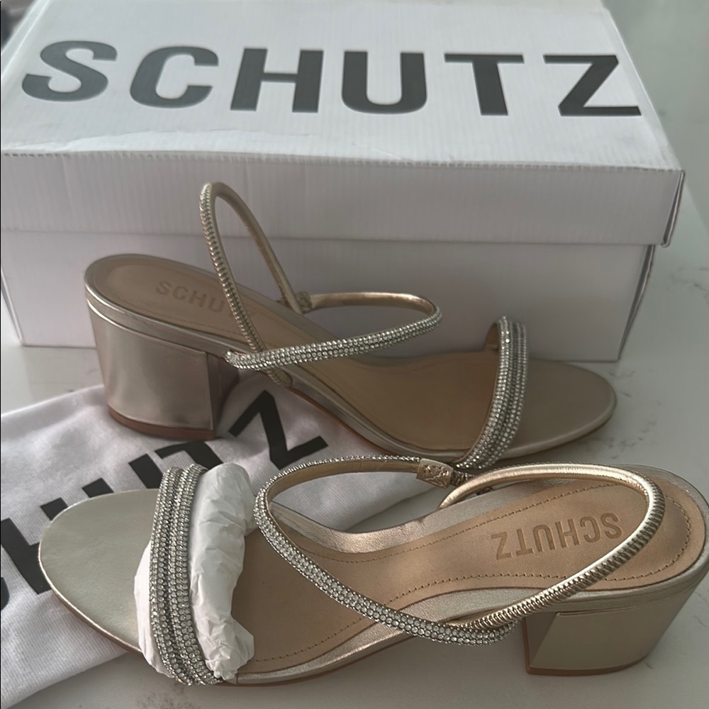NEW Schutz Gold Crystal WHITELEY metallic BLOCK HEELS SHOES Sandals 6.5 - Picture 4 of 7